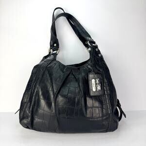Coach Maggie Madison Black Leather Croc Embossed Handbag 14602 Silver Accents